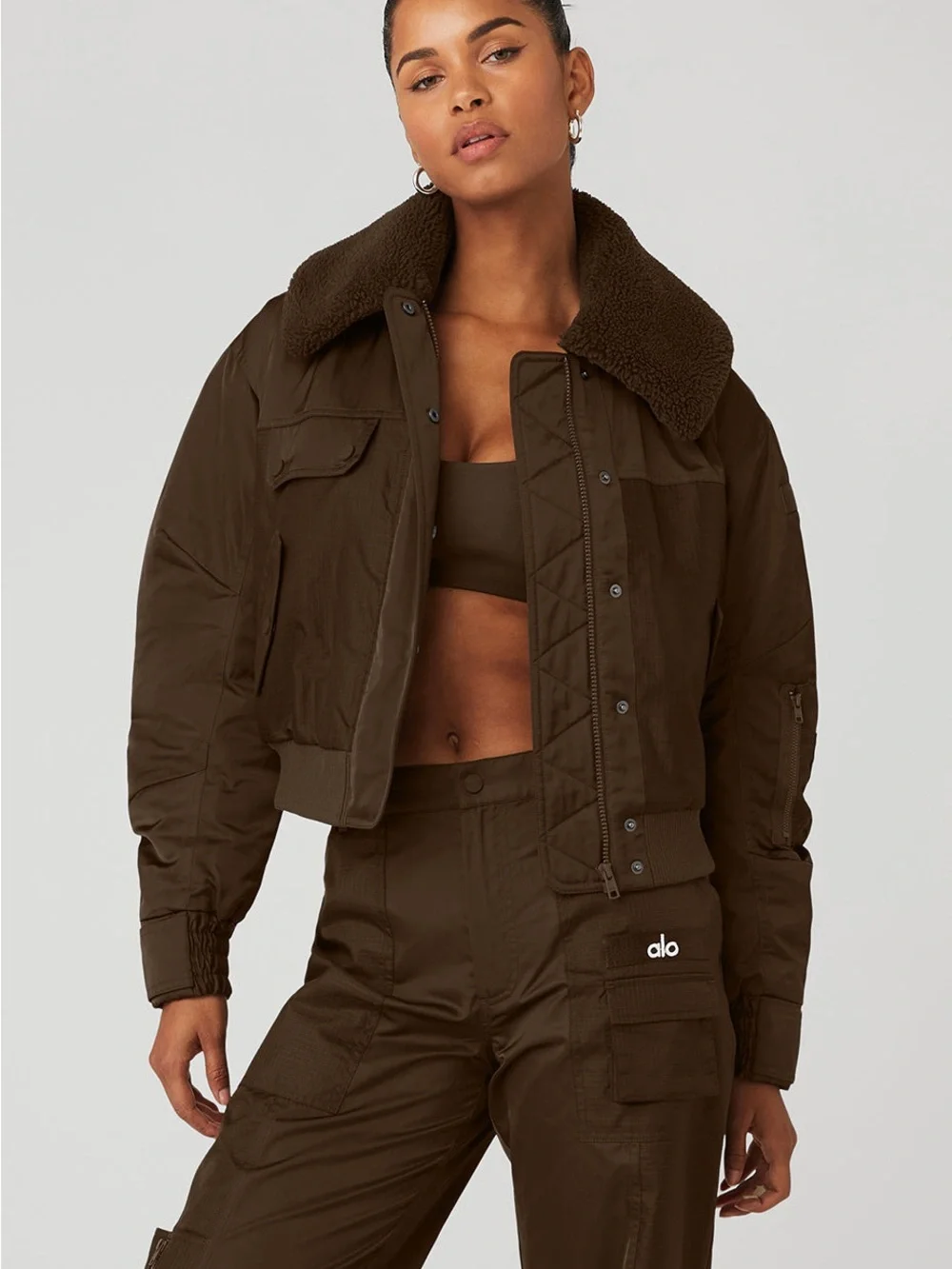 Price Firm Alo Espresso Brown Blaze Bomber Jacket with Sherpa Faux Fur Collar